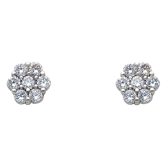14k White Gold Sparkly Flower Stud Studded Round Cluster Micro Pave Earrings