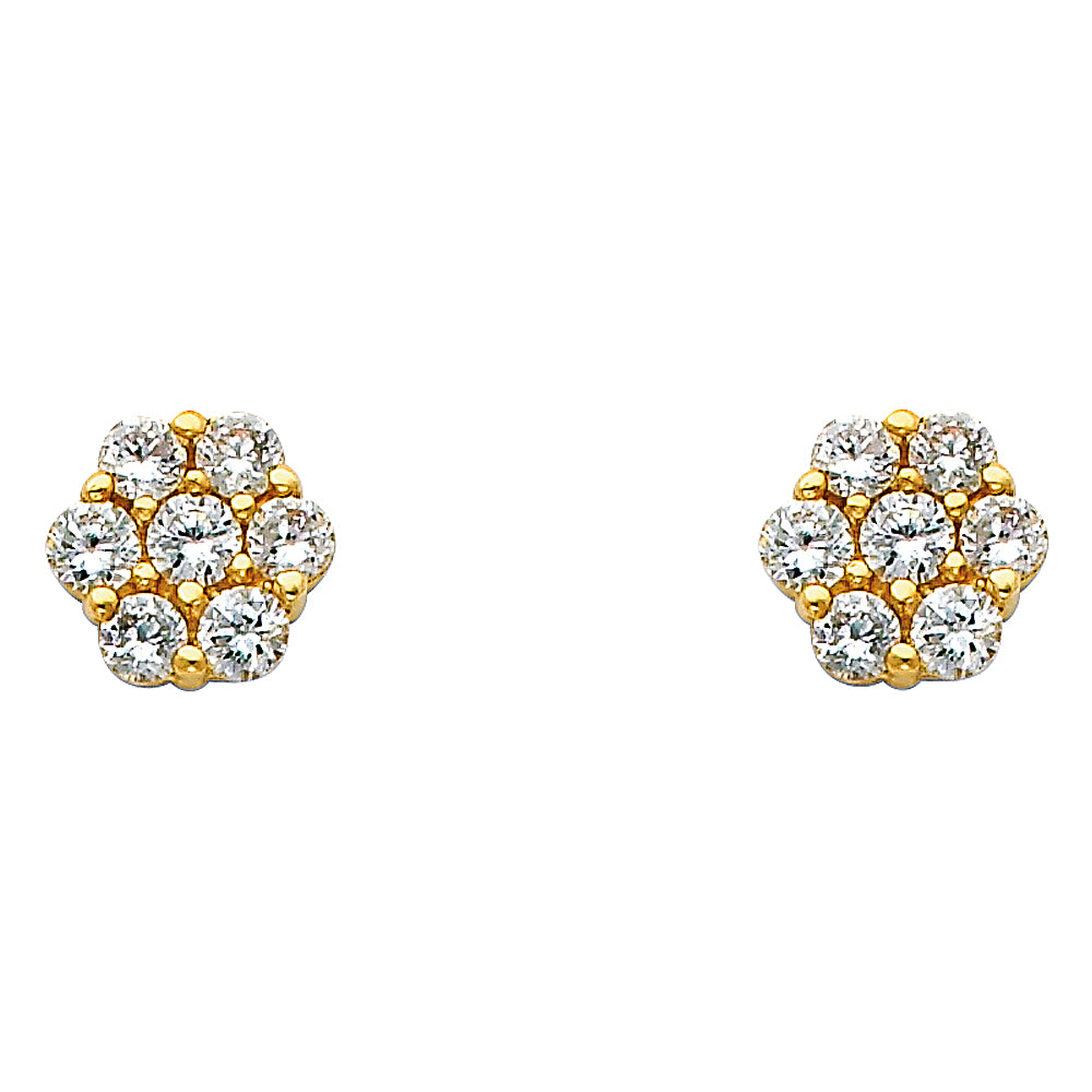 14k Yellow Gold Studded Flower Stud Circle Round Cluster Micro Pave Earrings