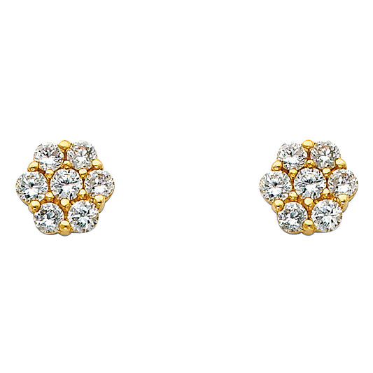 14k Yellow Gold Studded Flower Stud Circle Round Cluster Micro Pave Earrings