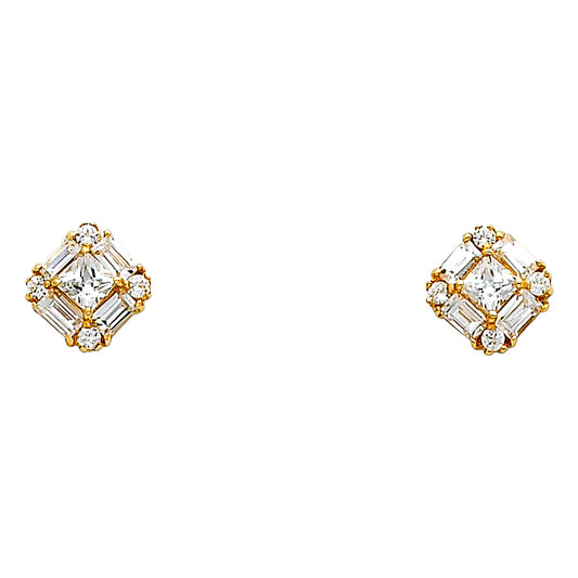 14k Yellow Gold Elegant Art Deco Square Stud Vintage Old Fashioned Earrings