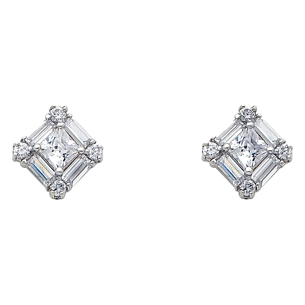14k White Gold Studded Square Stud Vintage Design Elegant Art Deco Earrings