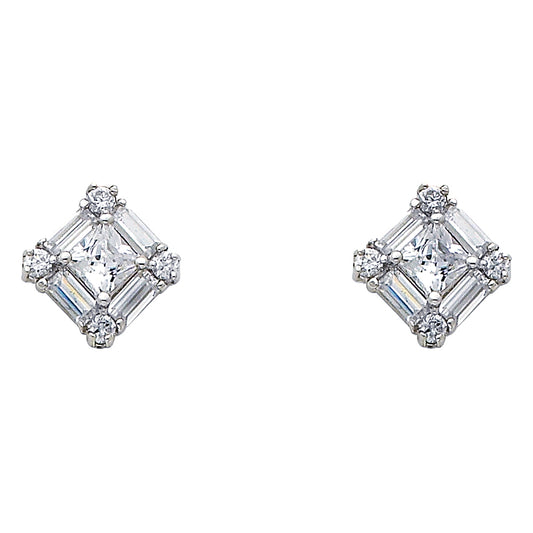 14k White Gold Studded Square Stud Vintage Design Elegant Art Deco Earrings