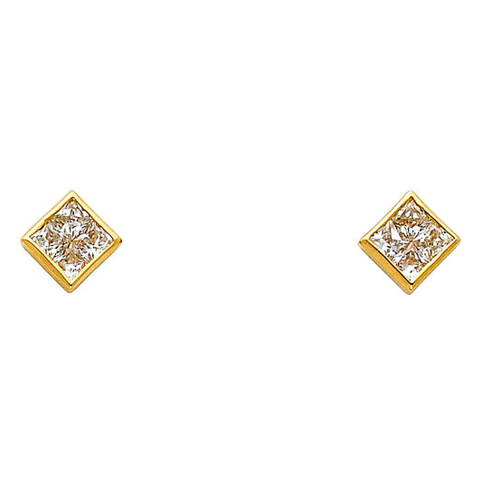 14k Yellow Gold Micro Pave Square Stud Elegant Simple Modern Geometric Earrings