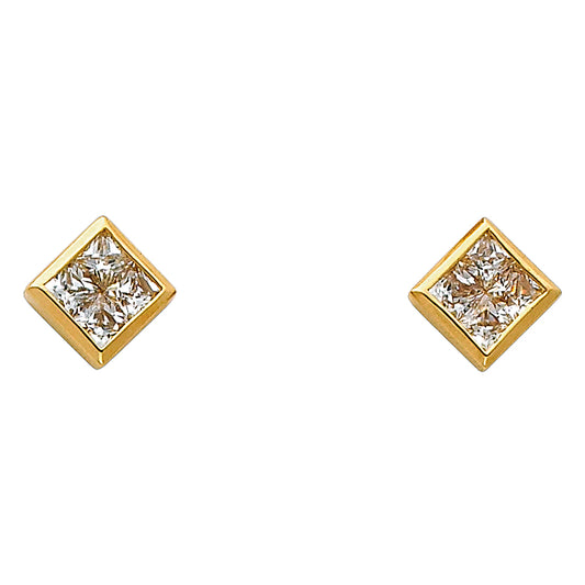 14k Yellow Gold Studded Modern Square Stud Cluster Micro Pave Earrings