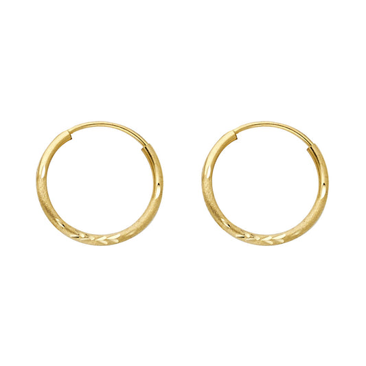 14k Yellow Gold Simple Frosted Hoop Diamond-Cut Flower Earrings