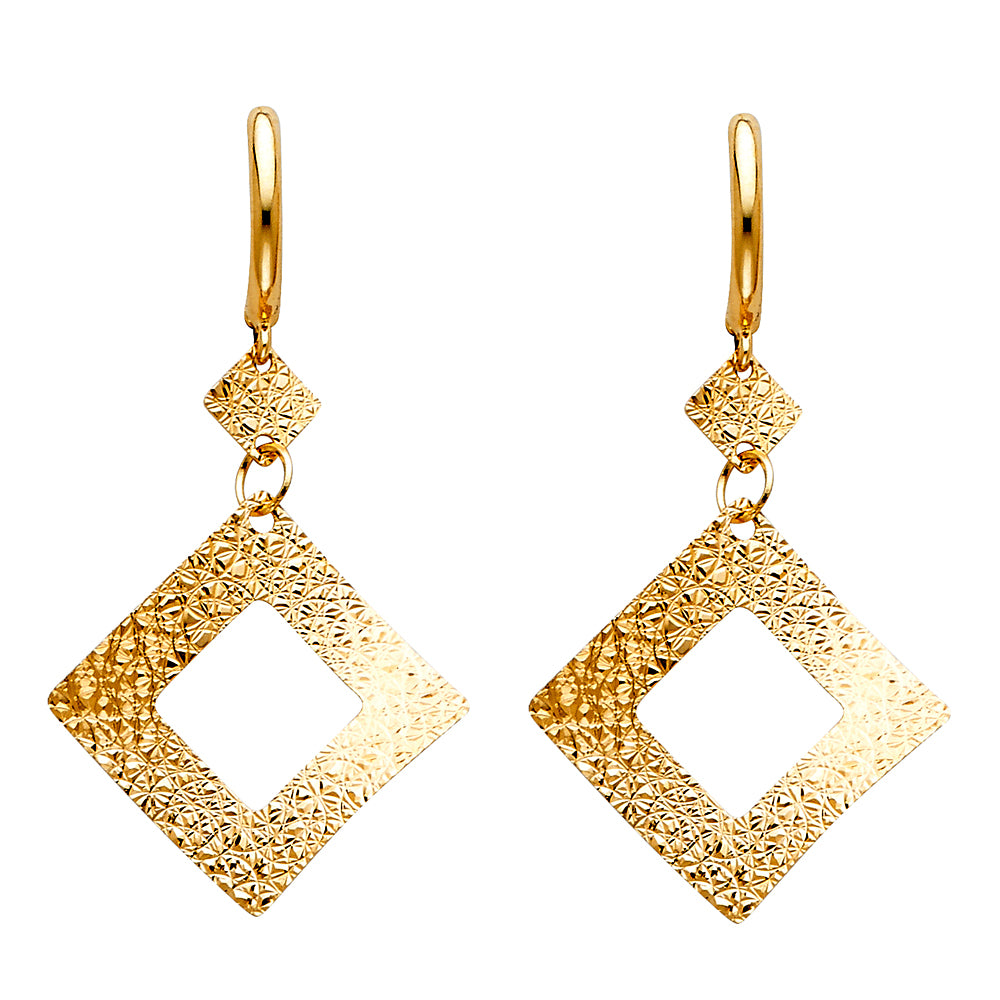 14k Yellow Gold Hammered Square Cutout Open Hoop Dangling Hanging Earrings