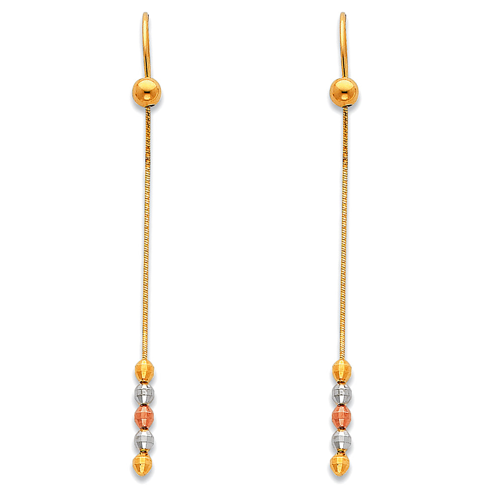 14k Two-Color Gold Ornate Dangle Hanging Elegant Long Chain Bead Earrings