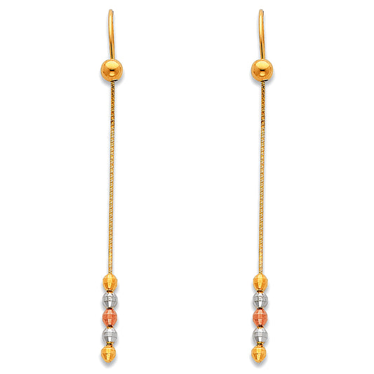 14k Two-Color Gold Ornate Dangle Hanging Elegant Long Chain Bead Earrings