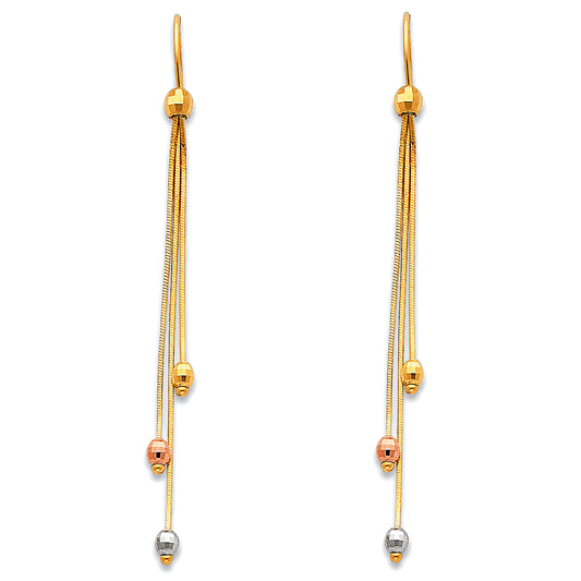 14k Two-Color Gold Long Bead Chain Hanging Dangling Chandelier Ball Earrings