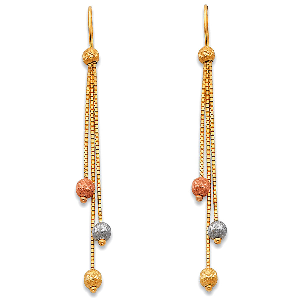14k Tri-Color Gold Dangling Bead Long Chain Chandelier Circle Fashion Earrings