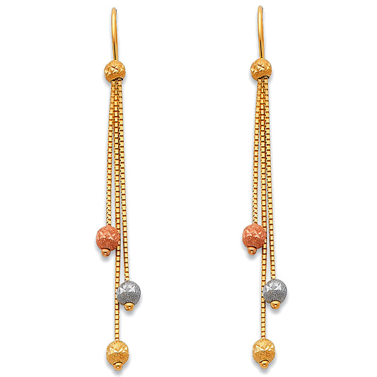 14k Tri-Color Gold Dangling Bead Long Chain Chandelier Circle Fashion Earrings