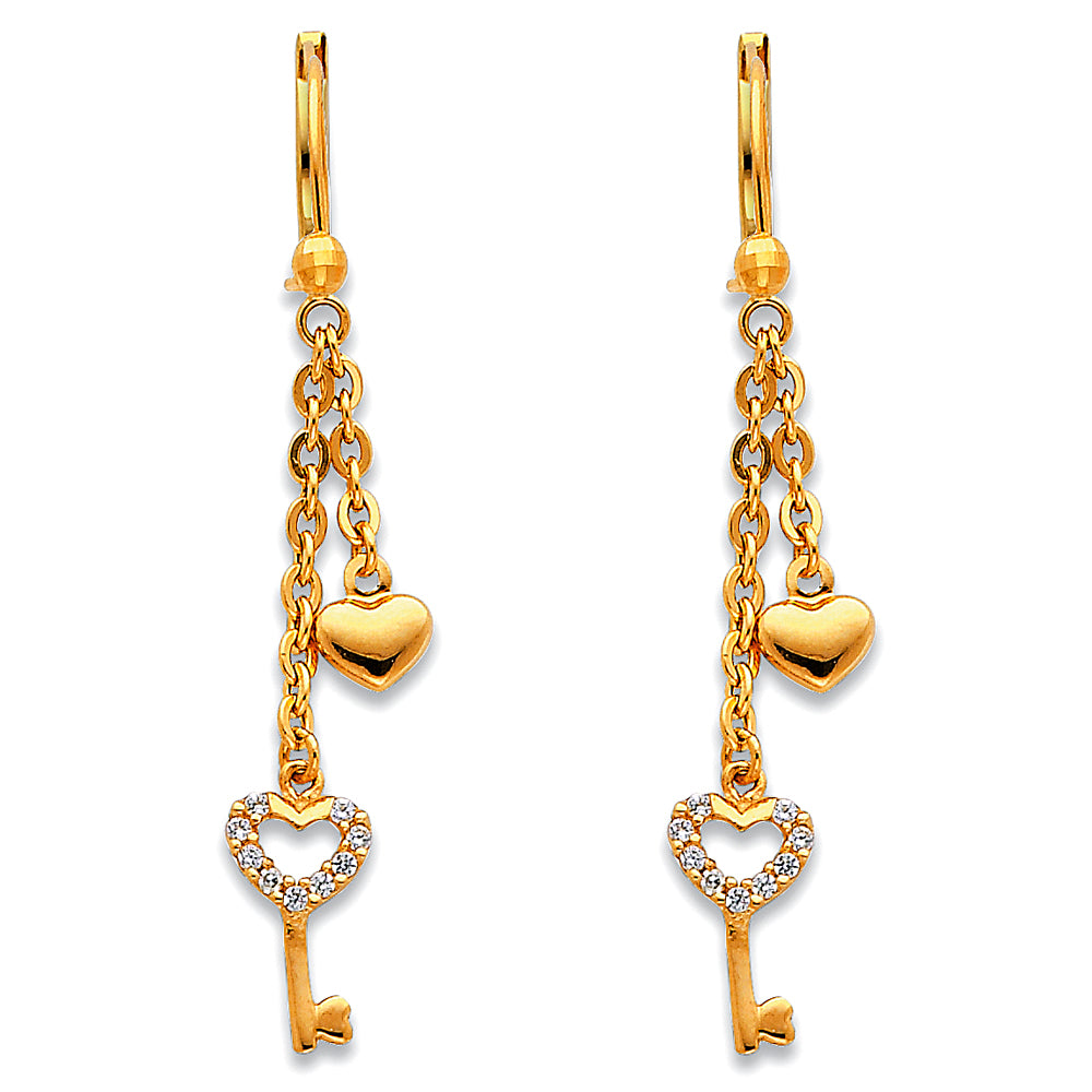 14k Yellow Gold Heart Key Chandelier Clear Simulated CZ Long Chain Earrings