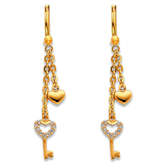 14k Yellow Gold Heart Key Chandelier Clear Simulated CZ Long Chain Earrings