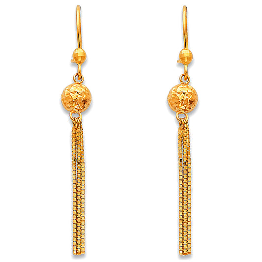 14k Yellow Gold Hammered Sphere Tassel Ball Dangling Hanging Fashion Earrings