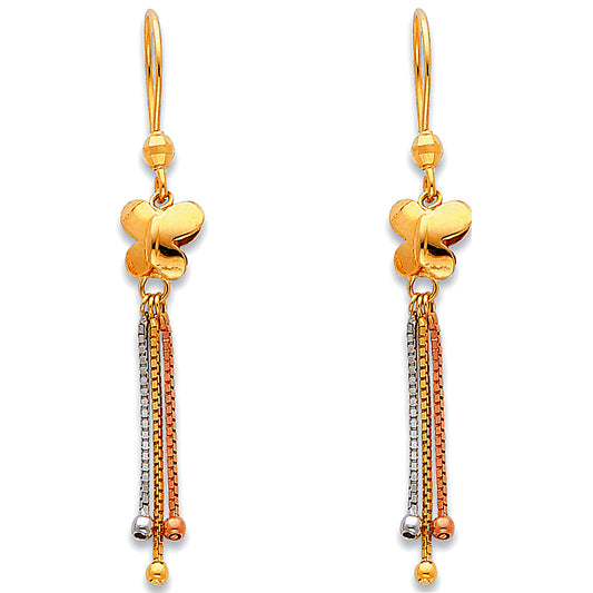 14k Two-Color Gold Ornate Butterfly Dangle Bead Tassel Long Chain Earrings