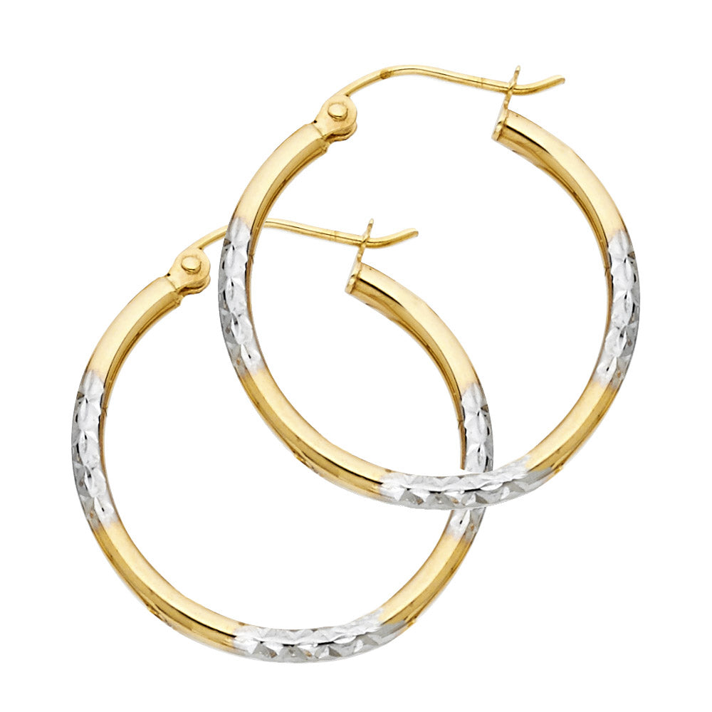 14k Two-Color Gold Hoop Grooved Bar Simple Elegant Earrings