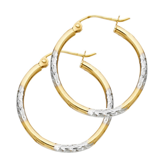 14k Two-Color Gold Hoop Grooved Bar Simple Elegant Earrings