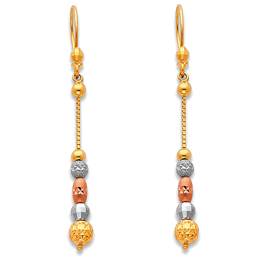 14k Tri-Color Gold Elongated Bead Drop Dangle Oval Fashion Hanging Earrings