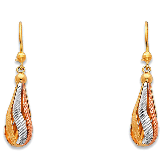 14k Two-Color Gold Cage Teardrop Open Hanging Dangling Wave Earrings