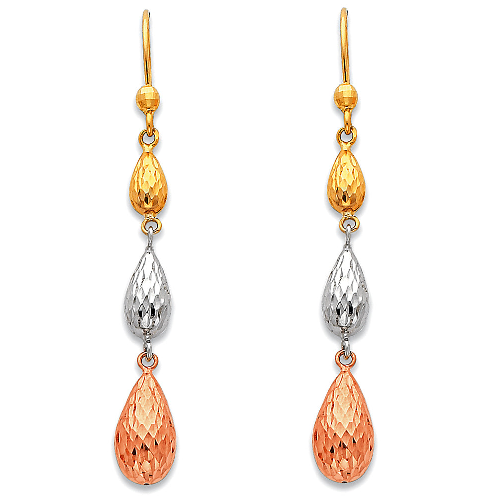 14k Tri-Color Gold Hammered Teardrop Hanging Dangling Journey Fashion Earrings