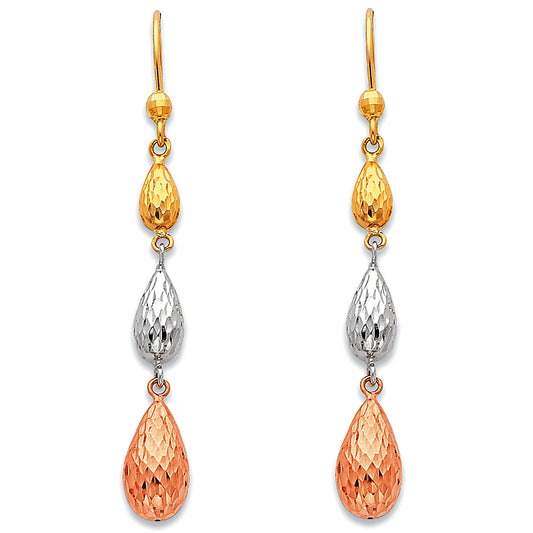 14k Tri-Color Gold Hammered Teardrop Hanging Dangling Journey Fashion Earrings