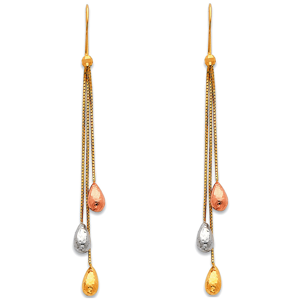 14k Tri-Color Gold Elegant Teardrop Chandelier Hanging Dangling Earrings