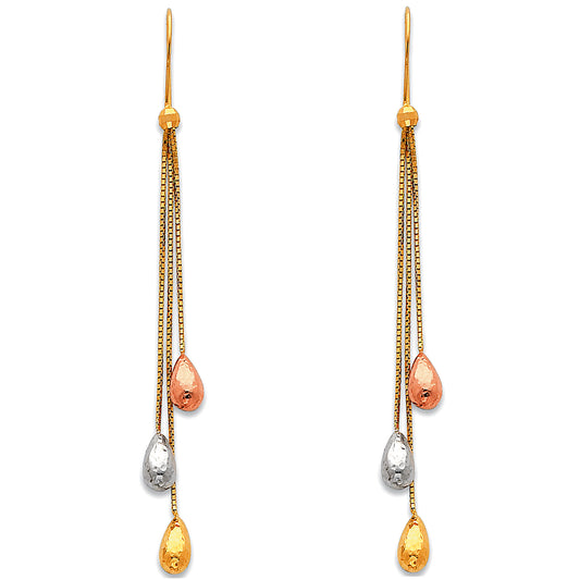 14k Tri-Color Gold Elegant Teardrop Chandelier Hanging Dangling Earrings