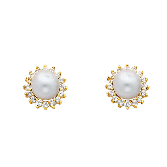 14k Yellow Gold Studded Burst Circle Ball Sphere Simulated Pearl Flower Earrings