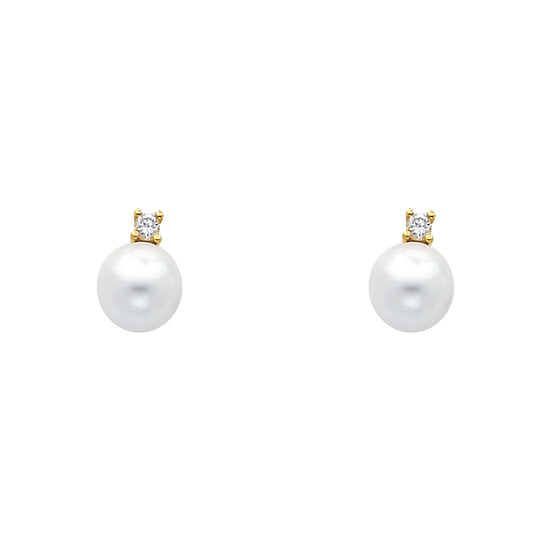 14k Yellow Gold Studded Vintage Ball Sphere Round Simulated Pearl Earrings