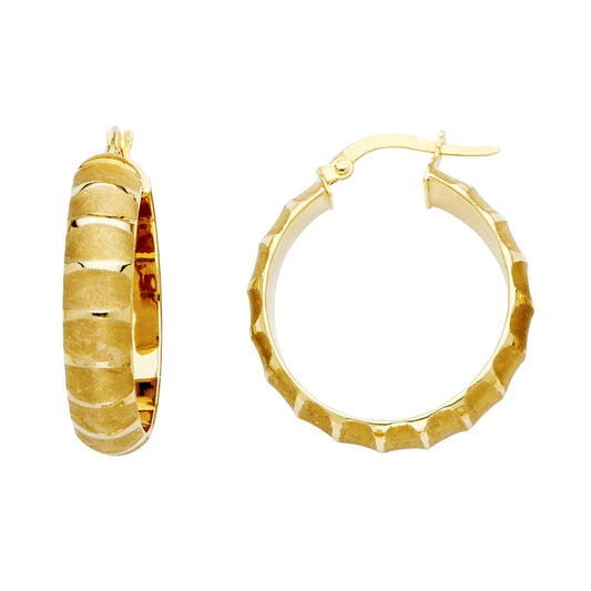 14k Yellow Gold SeaShell Hoop Grooved Texture Stripe Satin Finish Earrings
