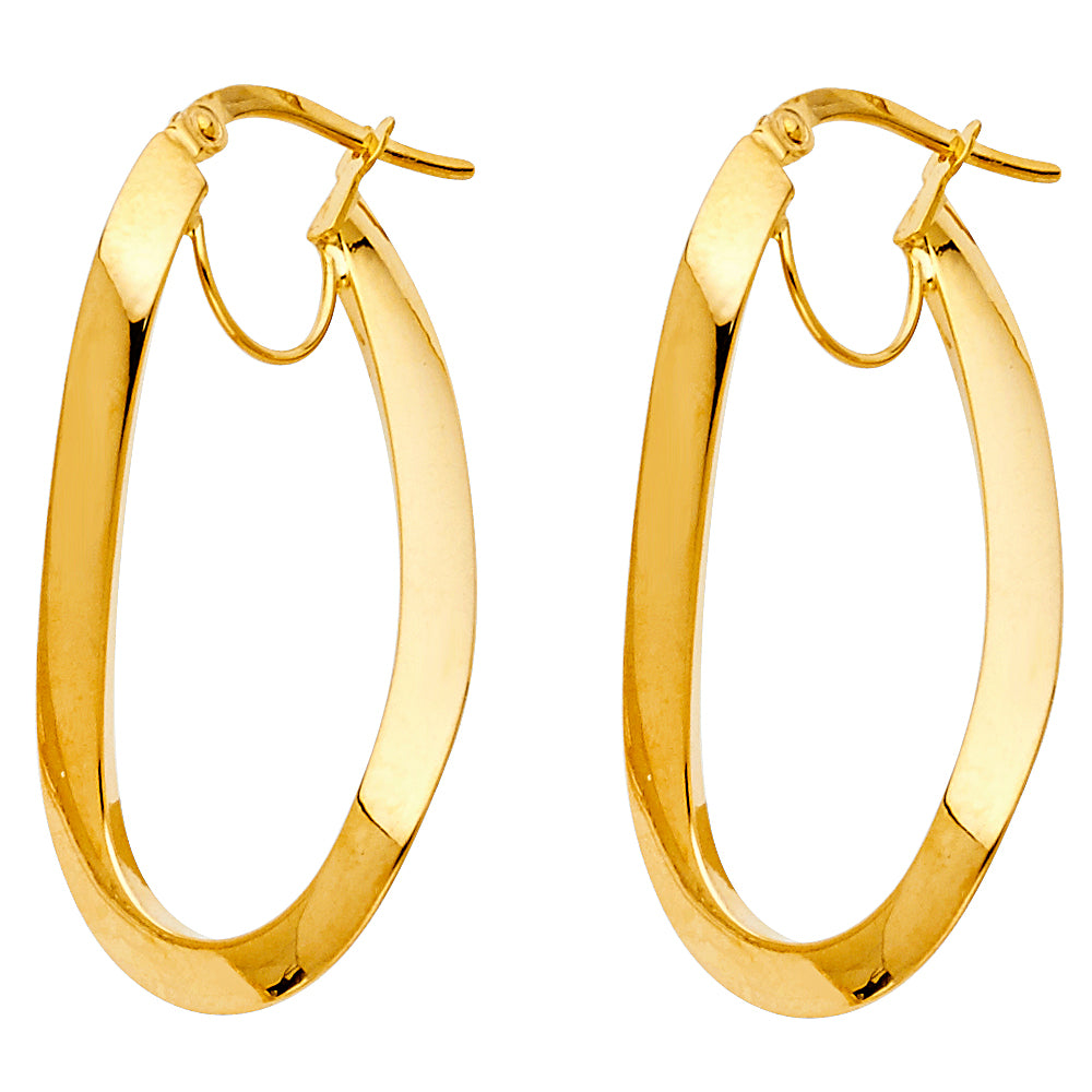14k Yellow Gold Modern Flat Hoop Oval Twist Wide Unique Earrings