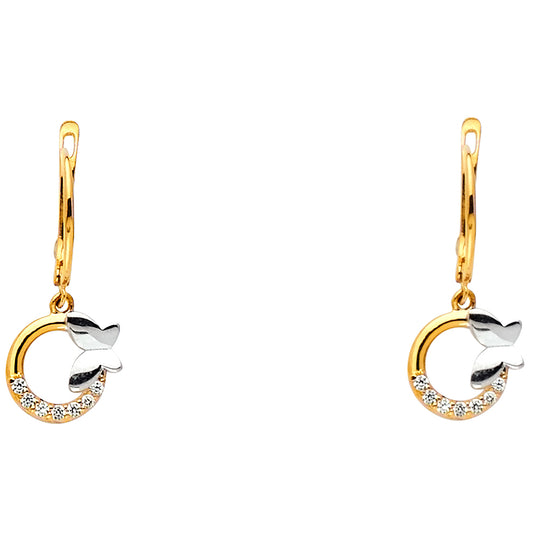 14k Yellow Gold Butterfly Hoop Open Circle Fashion Clear CZ Earrings
