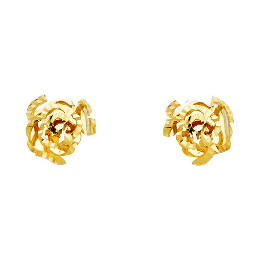 14k Yellow Gold Elegant Abstract Rose Stud Flower Outline Modern Earrings