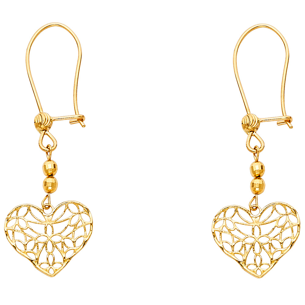 14k Yellow Gold Ornate Web Heart Open Filigree Swirl Hanging Dangling Earrings