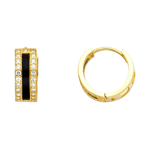 14k Yellow Gold Studded Huggie Hoop Black Bar Art Deco Vintage Earrings