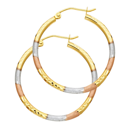 14k Tri-Color Gold Stripe Hoop Modern Hinge Clasp Circle Round Earrings
