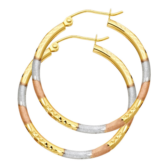 14k Tri-Color Gold Stripe Hoop Circle Round Hinge Clasp Earrings