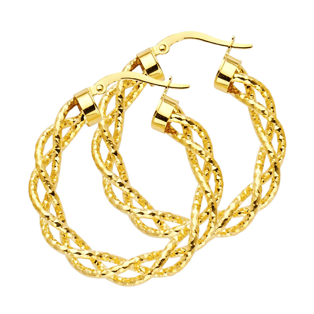 14k Yellow Gold Ornate Braid Hoop Weave Knot Twist Hinge Clasp Circle Earrings