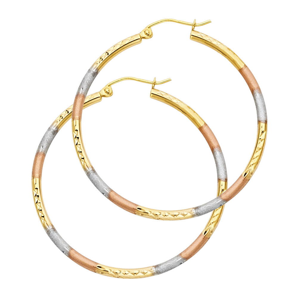 14k Tri-Color Gold Hoop Circle Stripe Elegant Classic Earrings