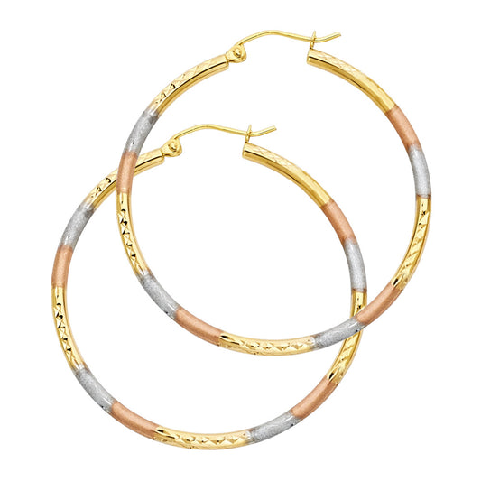 14k Tri-Color Gold Hoop Circle Stripe Elegant Classic Earrings