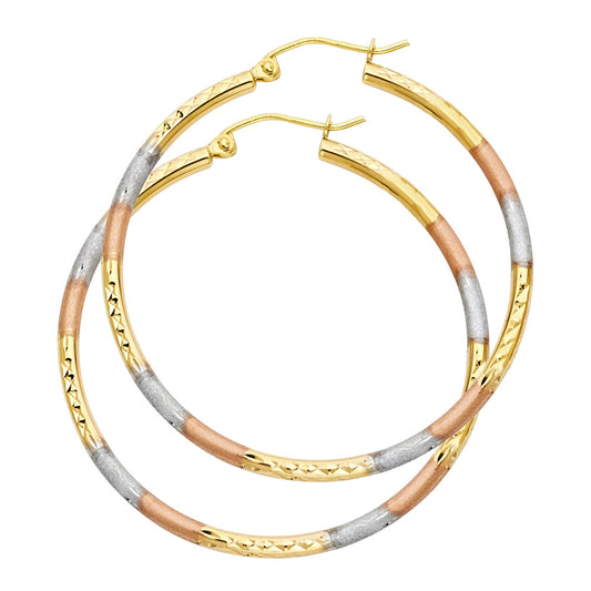14k Tri-Color Gold Classic Hoop Hinge Clasp Round Circle Earrings