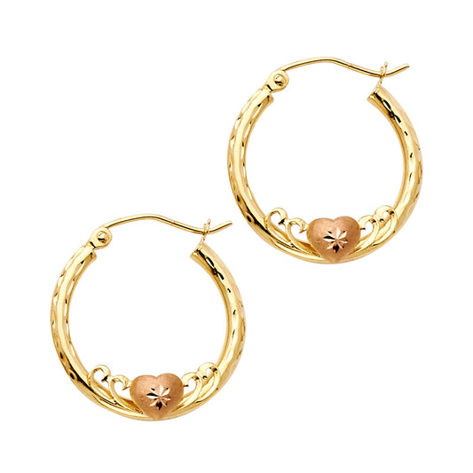 14k Yellow Gold Filigree Swirl Promise Heart Hoop Vintage Star Earrings