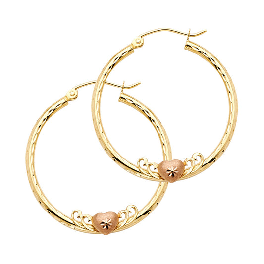 14k Yellow Gold Romantic Vintage Hoop Promise Heart Love Diamond-Cut Earrings