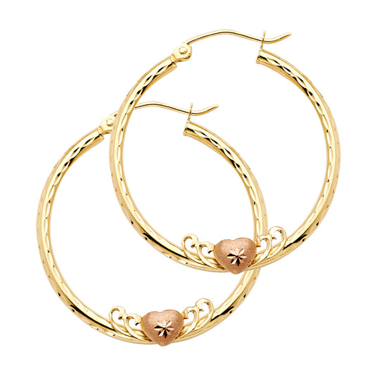 14k Yellow Gold Diamond-Cut Hoop Promise Heart Vintage Filigree Swirl Earrings