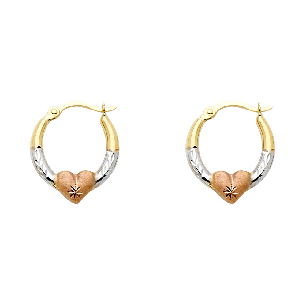 14k Tri-Color Gold Hoop Love Promise Heart Diamond-Cut Star Earrings