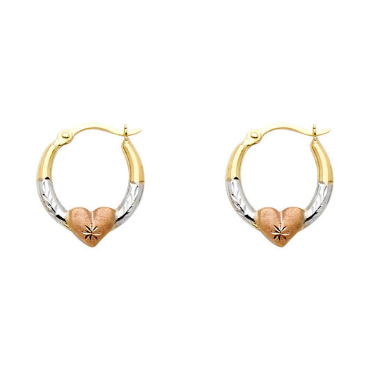 14k Tri-Color Gold Hoop Love Promise Heart Diamond-Cut Star Earrings