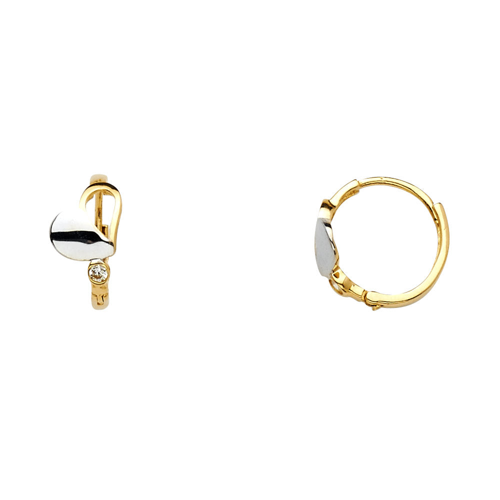 14k Two-Color Gold Ornate Huggie Hoop Heart Promise Love Earrings