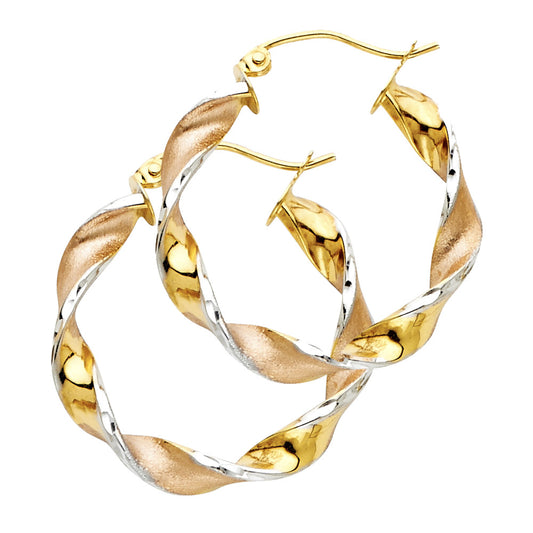 14k Tri-Color Gold Unique Twist Hoop Swirl Knot Loop Spiral Earrings