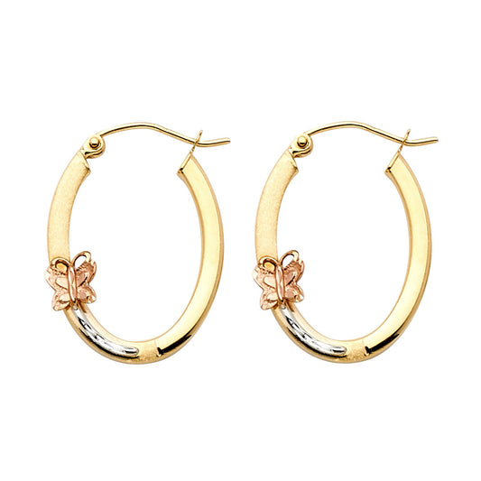14k Tri-Color Gold Cute Butterfly Hoop Oval Hinge Clasp Nature Animal Earrings