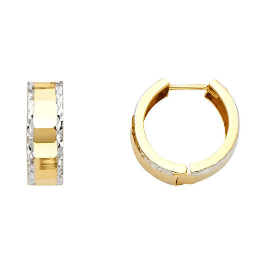 14k Two-Color Gold Huggie Hoop Diamond-Cut Edge Huggie Classic Earrings